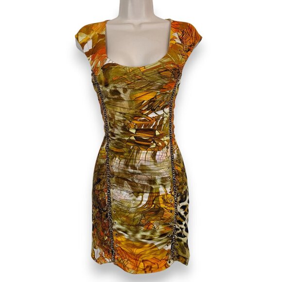 Vintage Y2K Sky Silk Dress Boho Animal Print Chain Detail Bodycon Club Small - Picture 1 of 10